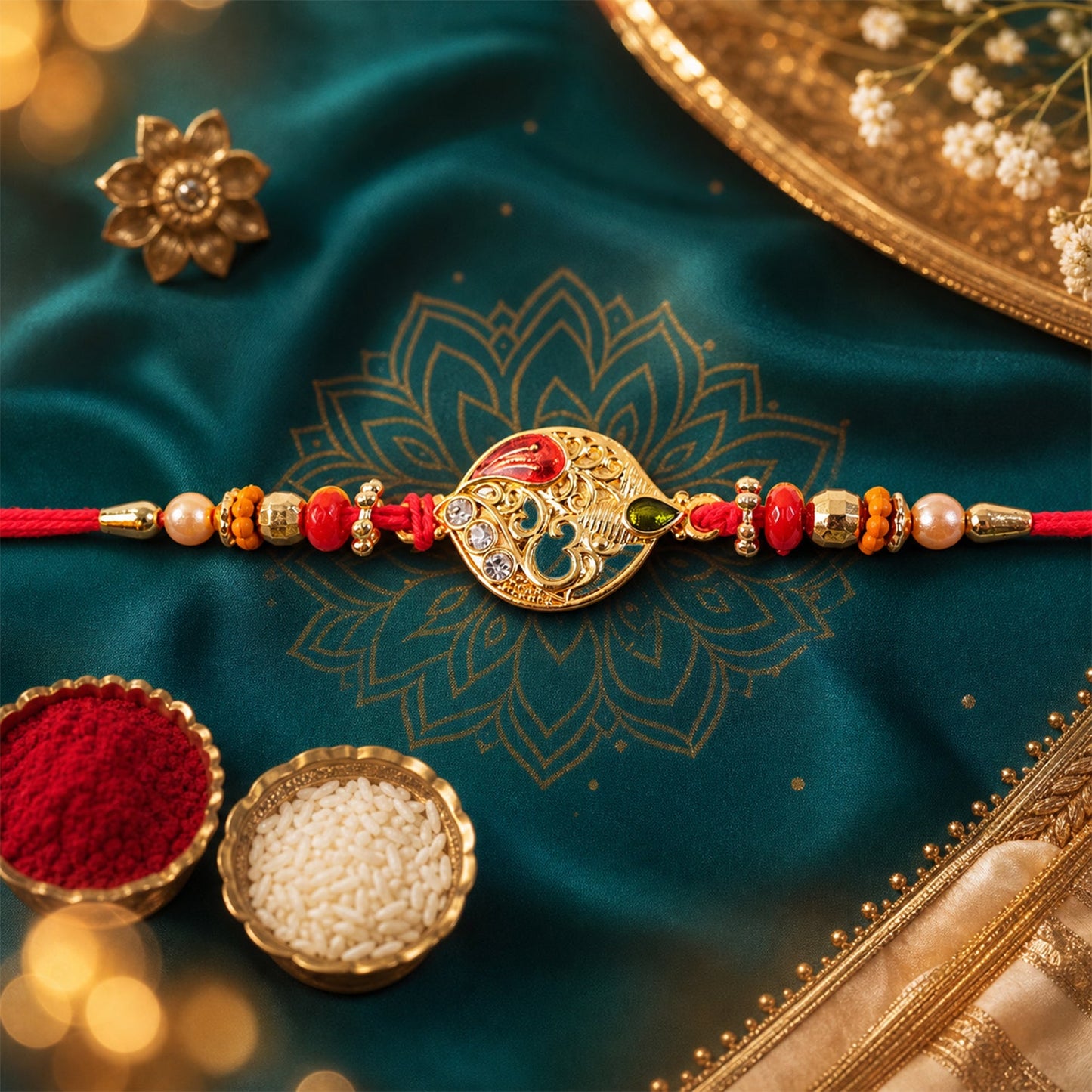 Leaf Om Om Designer Rakhi with Pearl Beaded Festive Detail Pattern