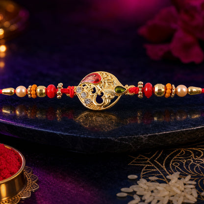 Leaf Om Om Designer Rakhi with Pearl Beaded Festive Detail Pattern