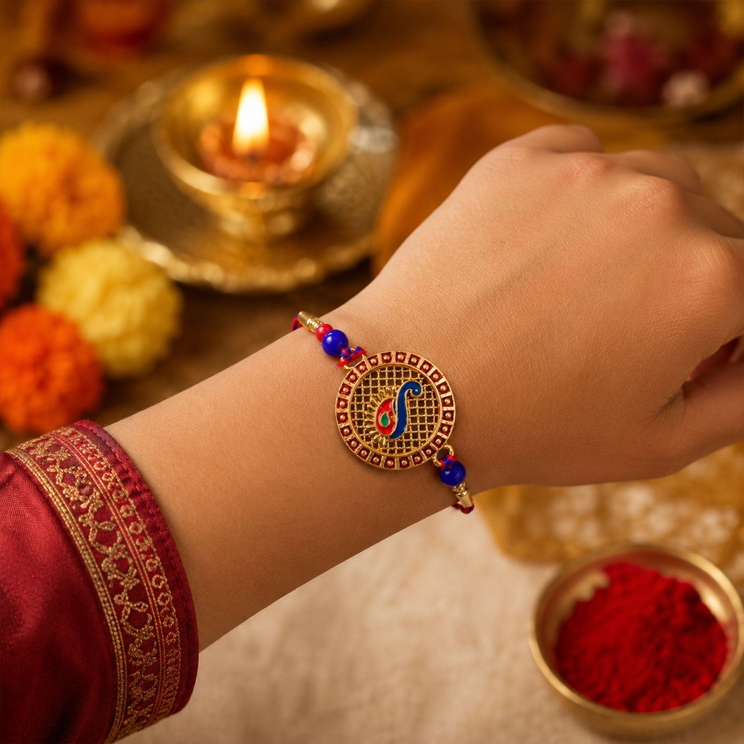 Peacock Paisley Stone Designer Rakhi with Beaded Traditional Detailing