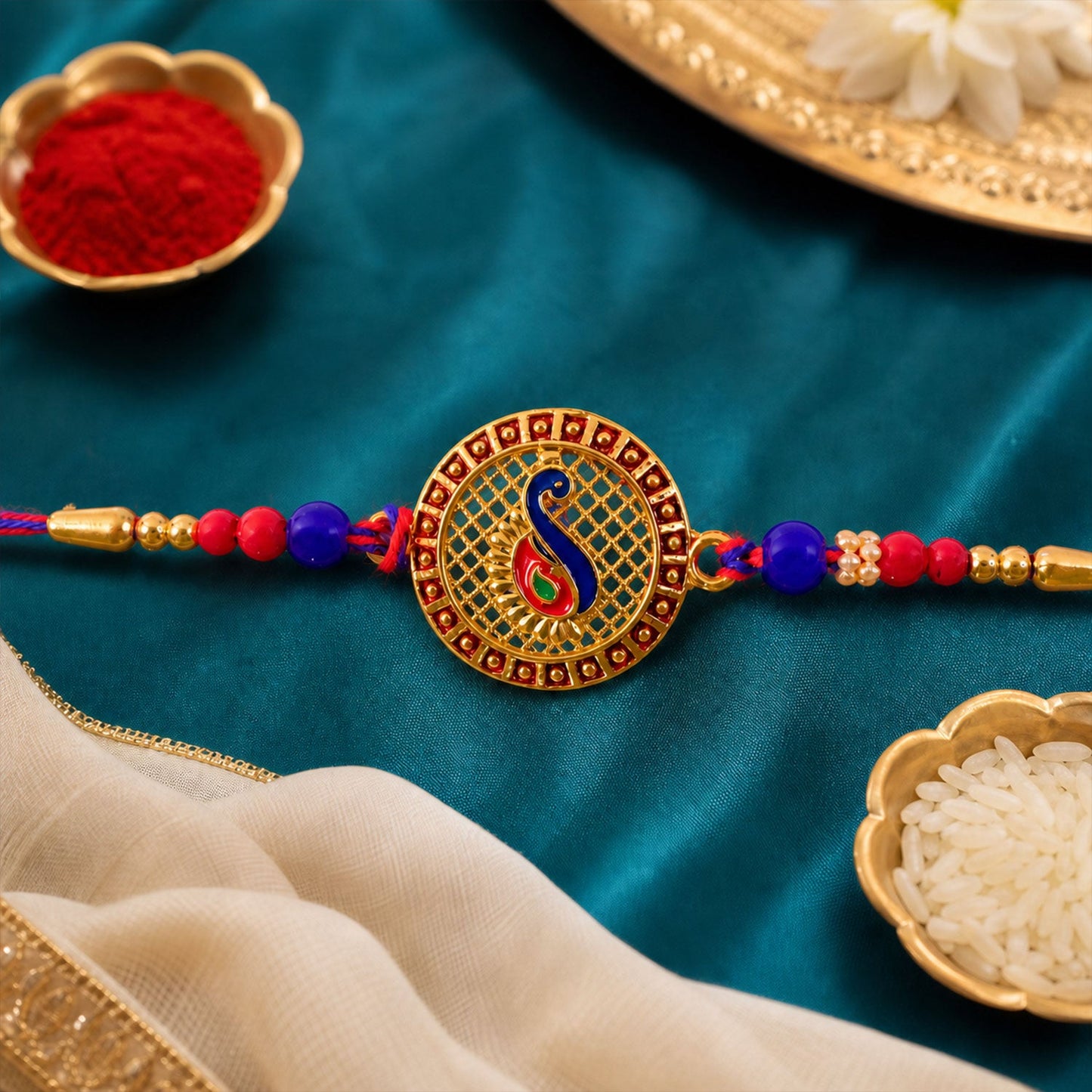 Peacock Paisley Stone Designer Rakhi with Beaded Traditional Detailing