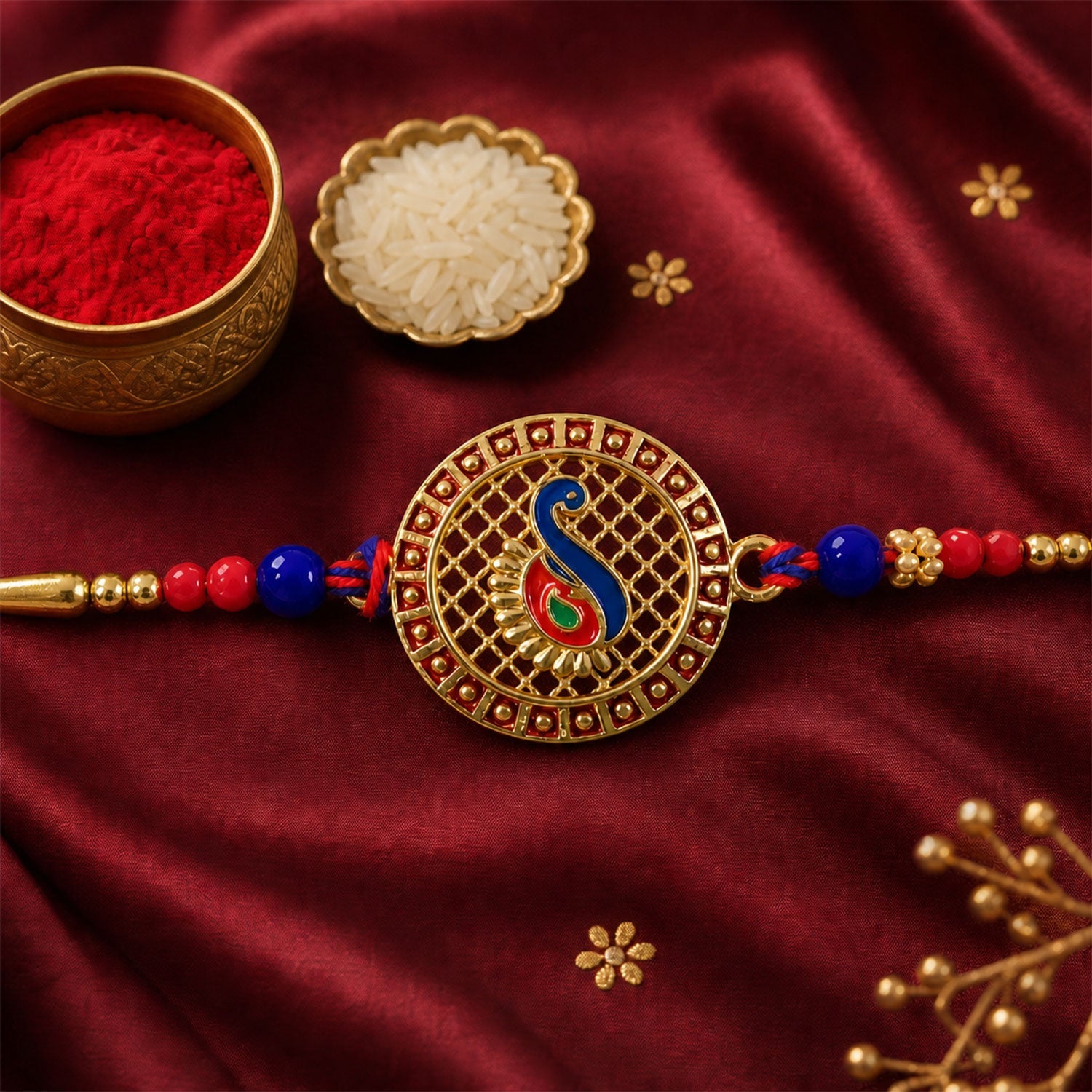 Peacock Paisley Stone Designer Rakhi with Beaded Traditional Detailing
