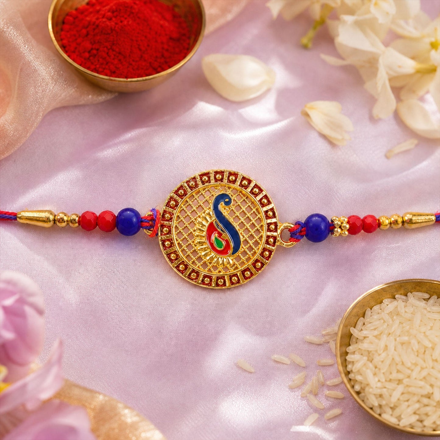 Peacock Paisley Stone Designer Rakhi with Beaded Traditional Detailing