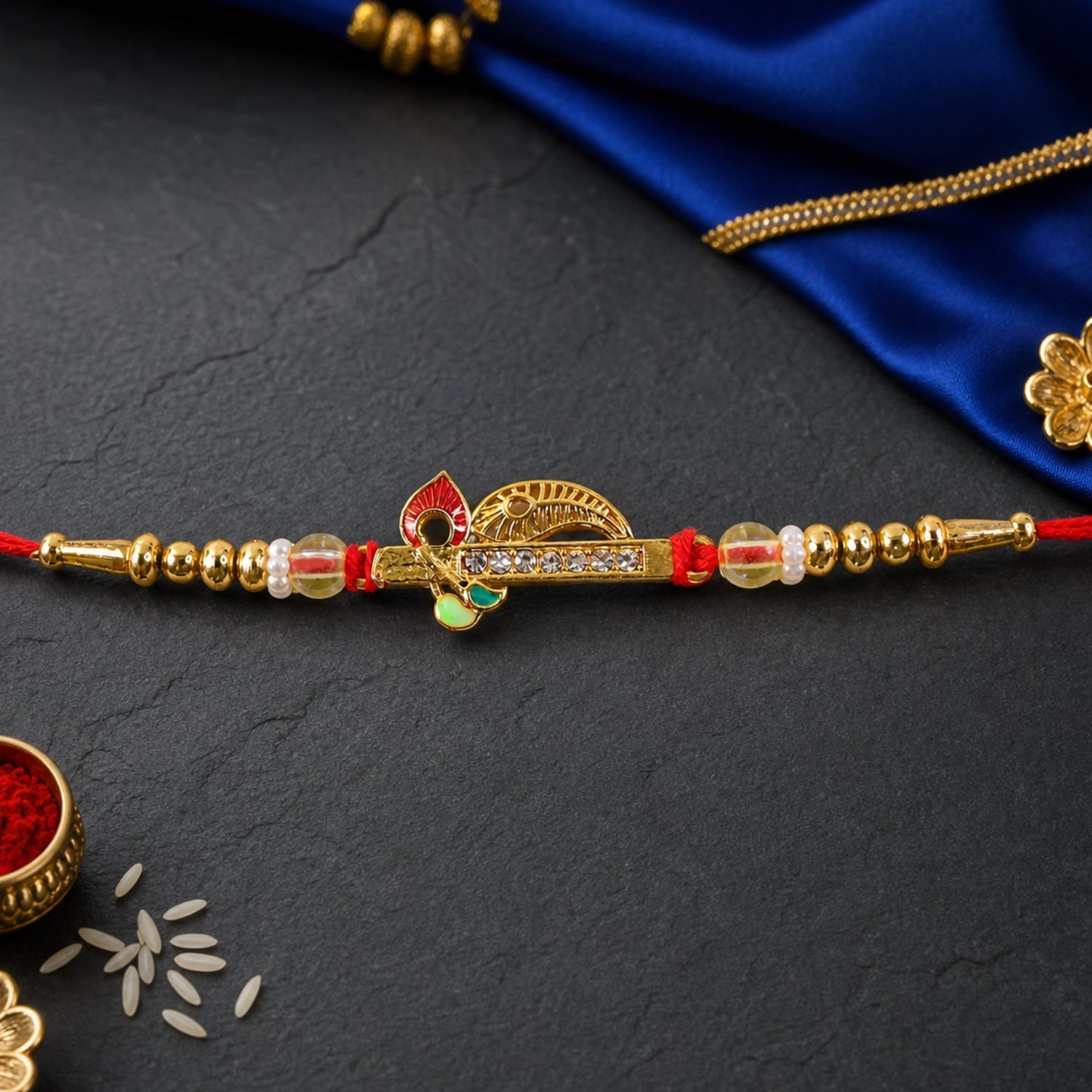 Peacock Leaf Kundan Beaded Elegant Designer Rakhi for Brother