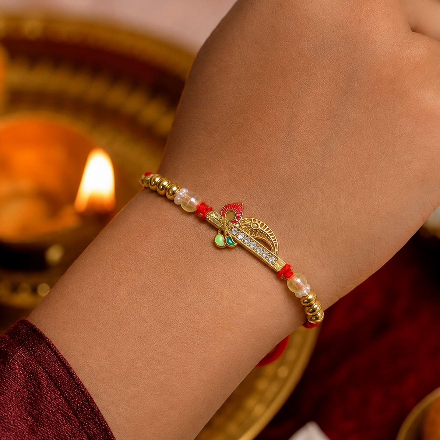 Peacock Leaf Kundan Beaded Elegant Designer Rakhi for Brother
