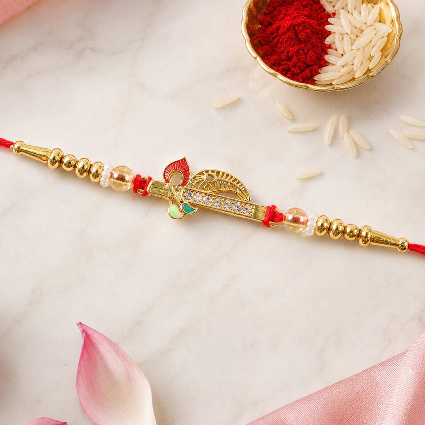 Peacock Leaf Kundan Beaded Elegant Designer Rakhi for Brother