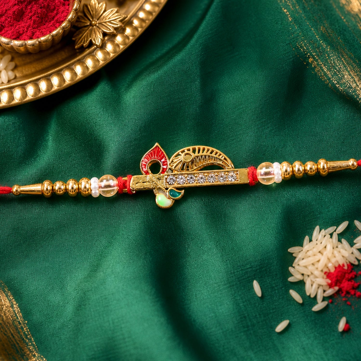 Peacock Leaf Kundan Beaded Elegant Designer Rakhi for Brother