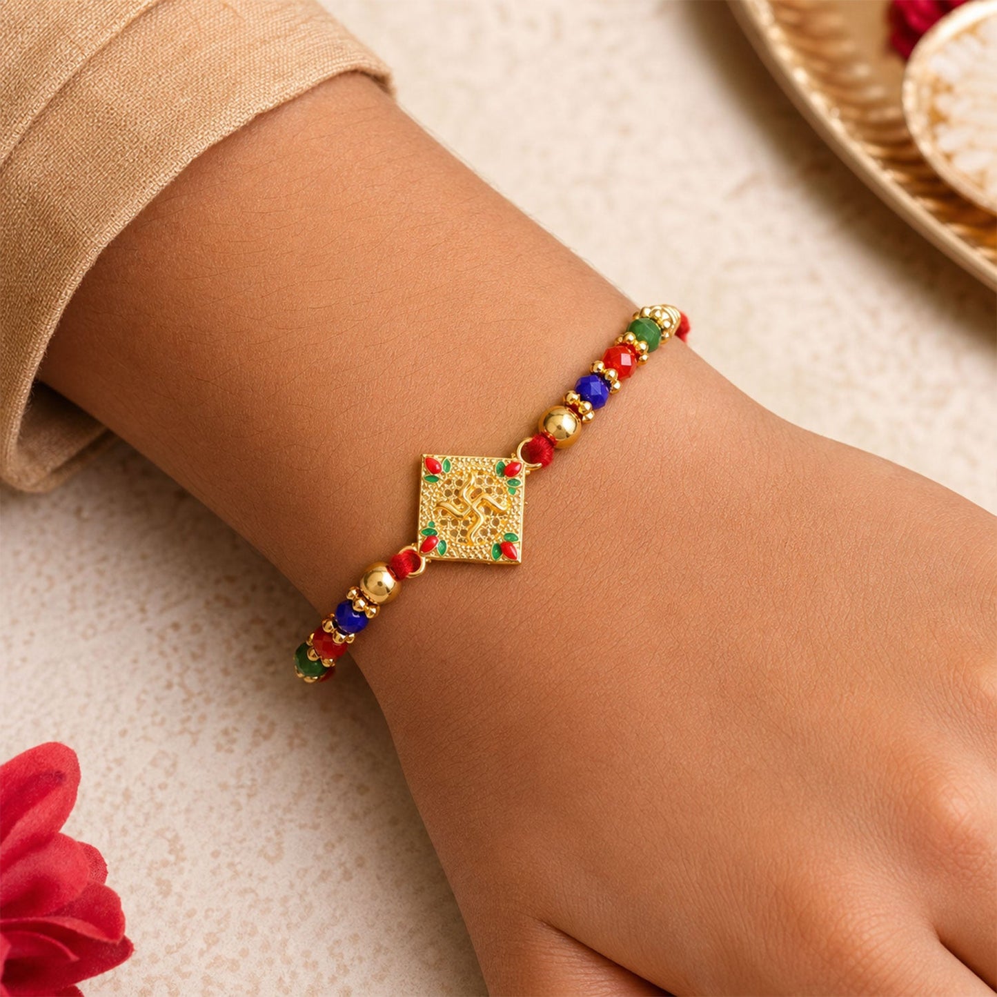 Swastik Motif Beaded Rakhi Traditional Pattern Raksha Bandhan Gift