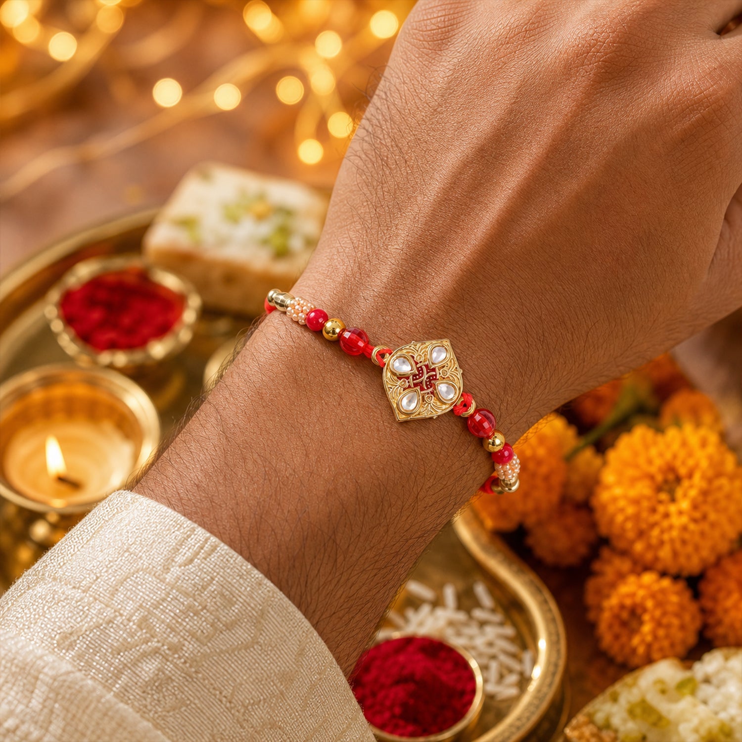 Floral Diamond Kundan Beaded Classic Stone Work Designer Rakhi