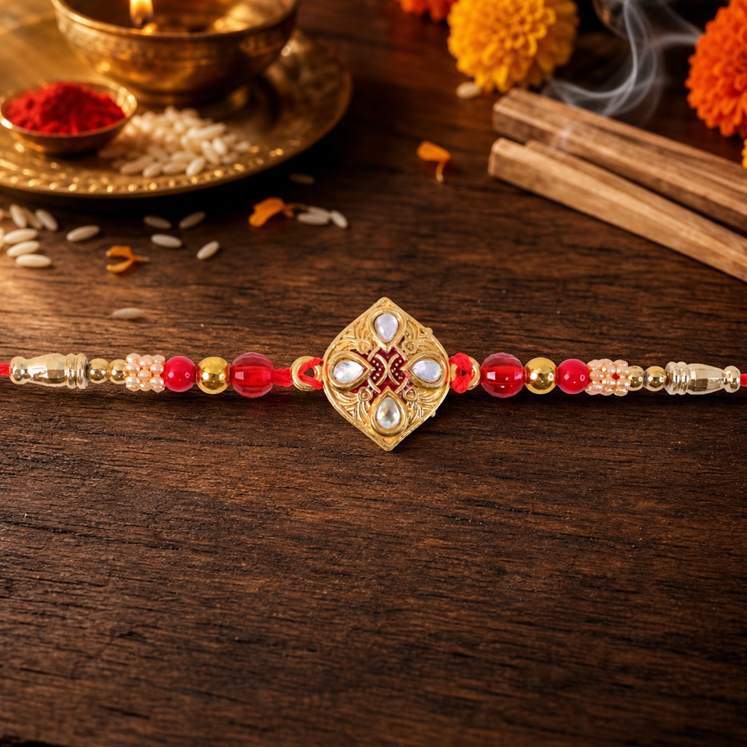 Floral Diamond Kundan Beaded Classic Stone Work Designer Rakhi