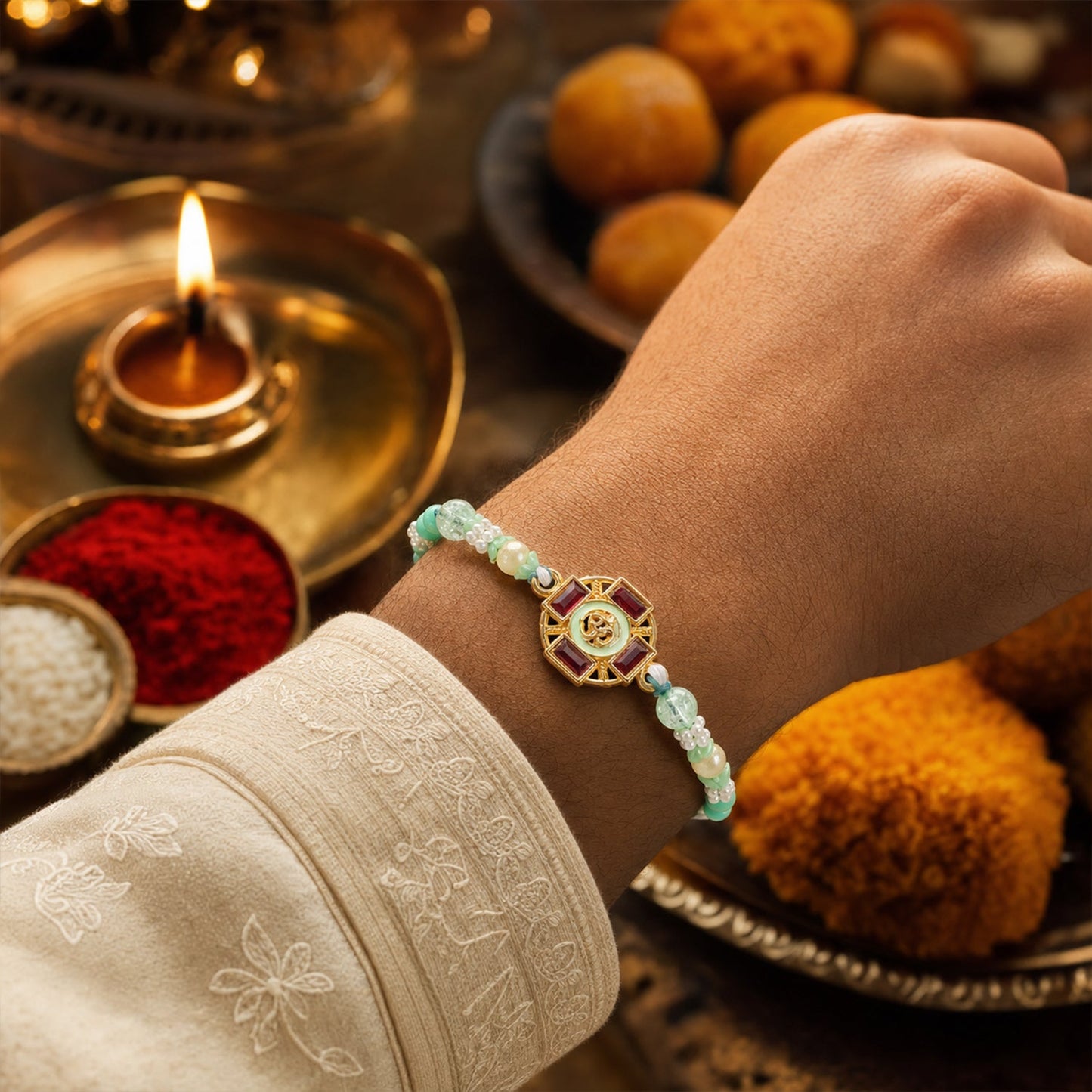 Round Om Stone Pearl Beaded Elegant Classic Styling Brother Rakhi