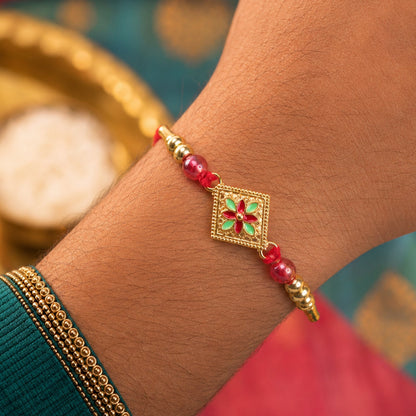 Square Floral Kundan Beaded Celebration Designer Rakhi for Brother