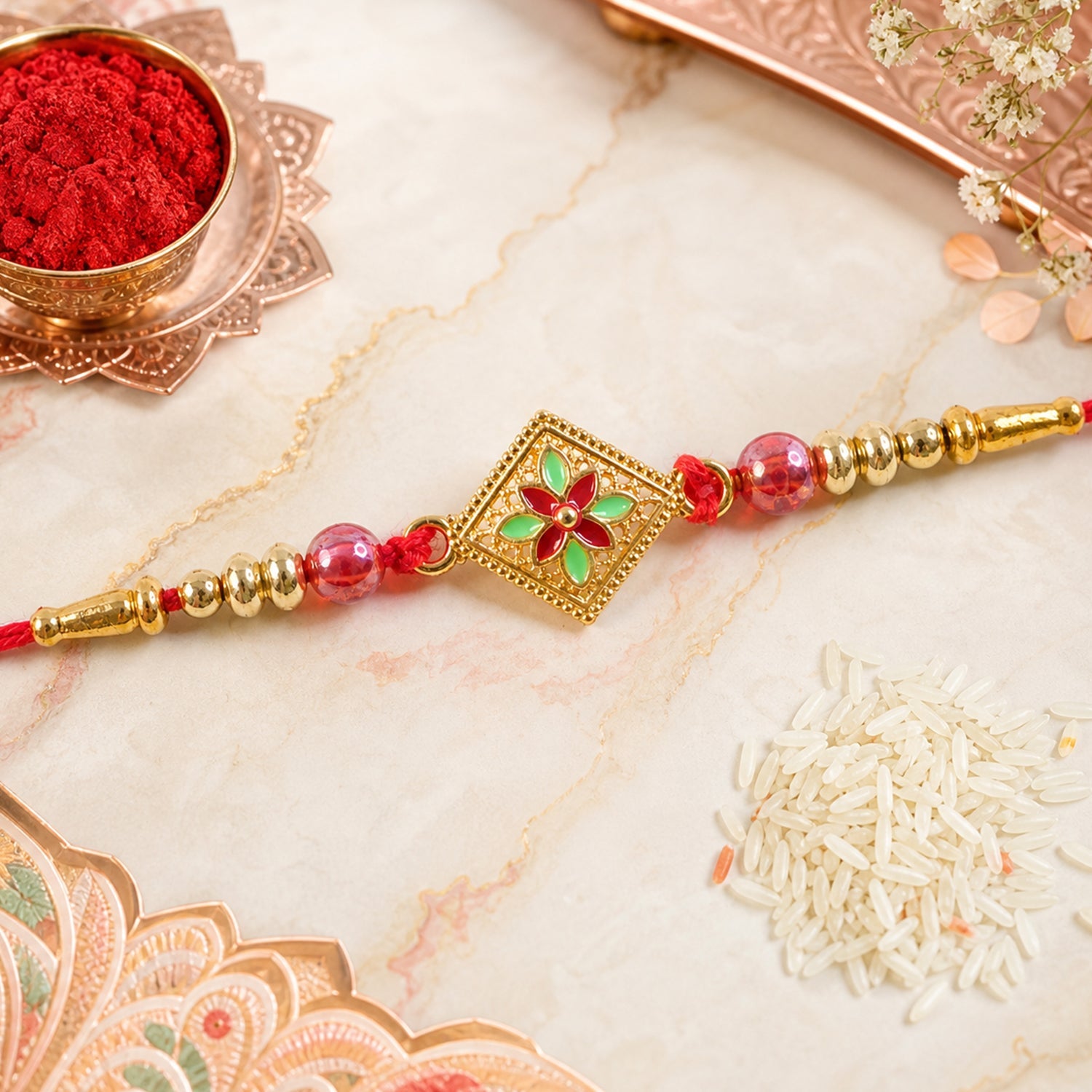 Square Floral Kundan Beaded Celebration Designer Rakhi for Brother
