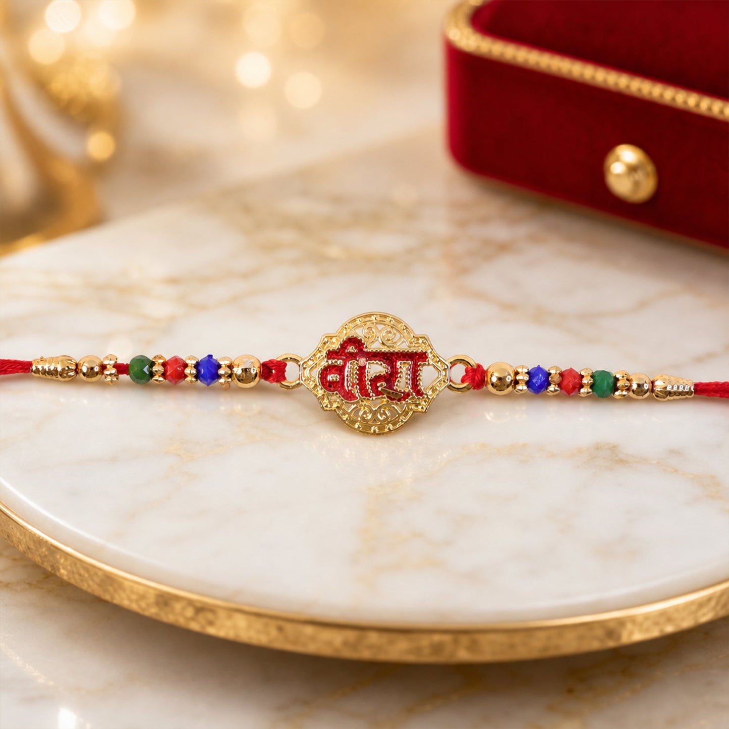 Veera Text Beaded Celebration Pattern with Stones Designer Rakhi