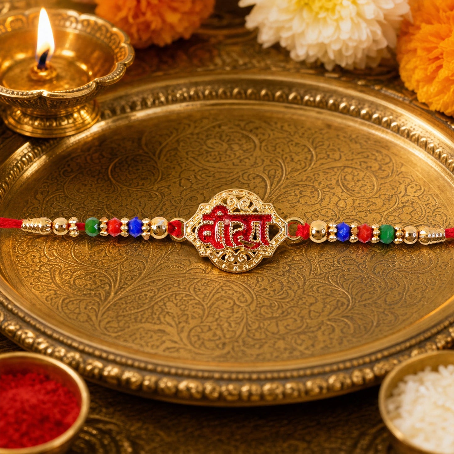 Veera Text Beaded Celebration Pattern with Stones Designer Rakhi