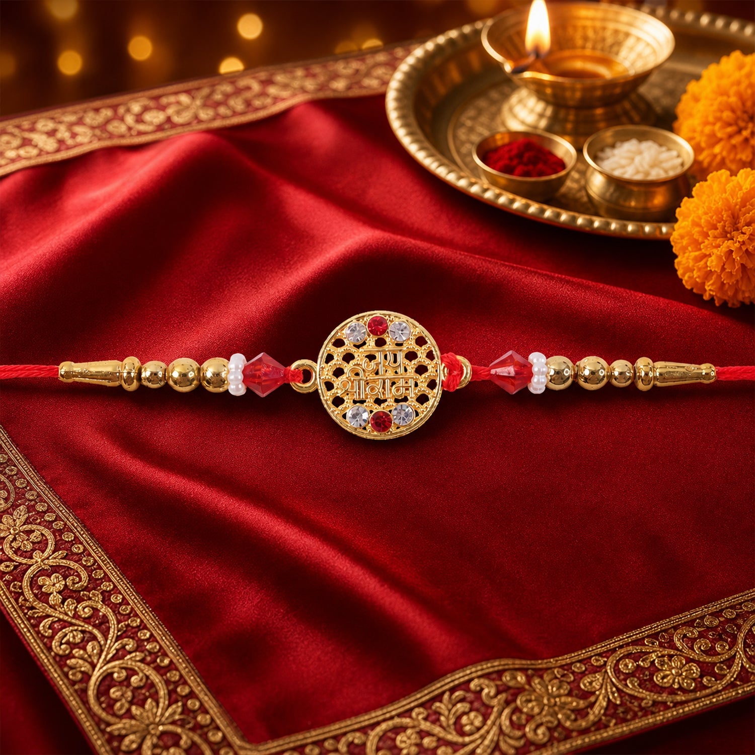Jay Shree Ram Motif Stone Pearl Beaded Classic Kundan Designer Rakhi for Brother
