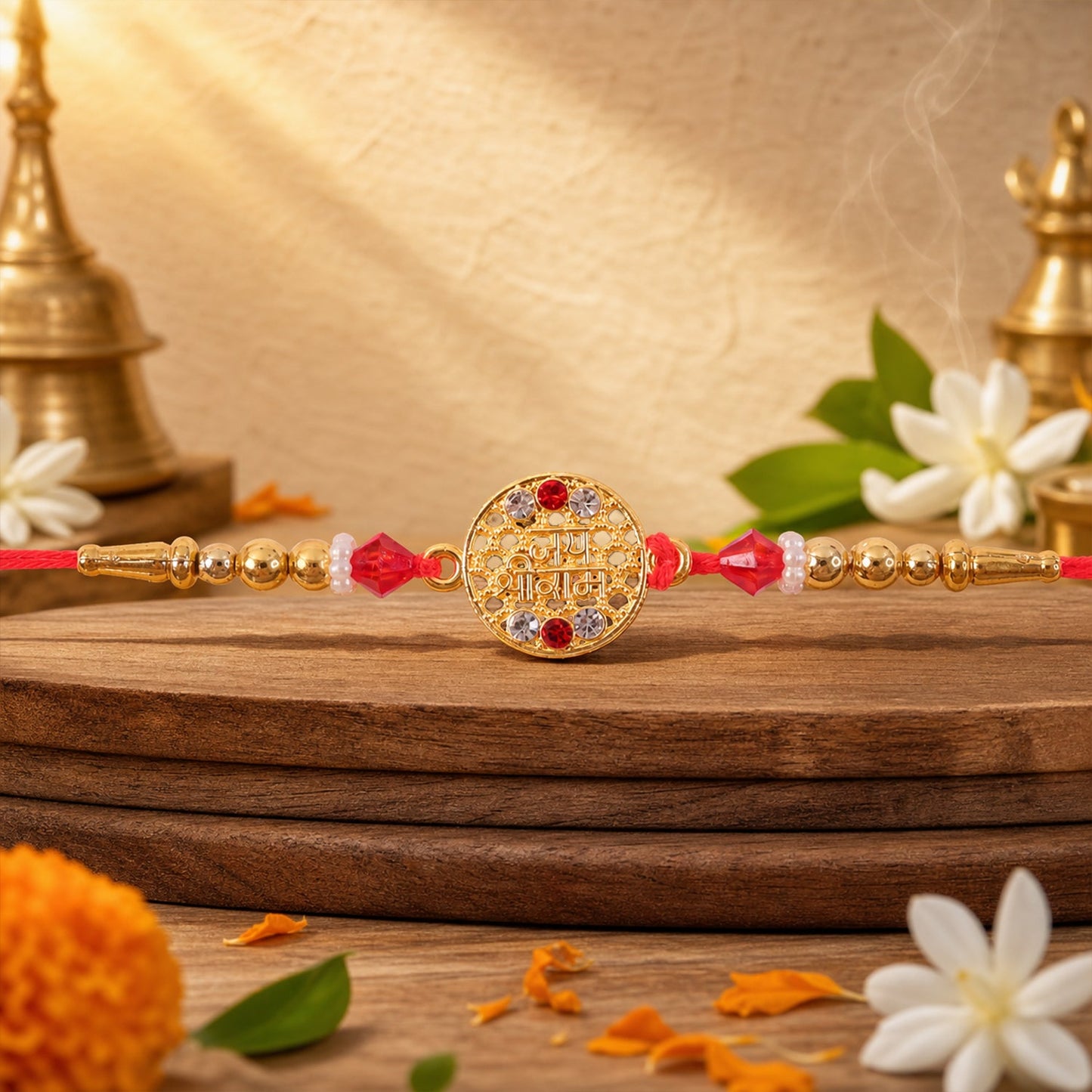 Jay Shree Ram Motif Stone Pearl Beaded Classic Kundan Designer Rakhi for Brother