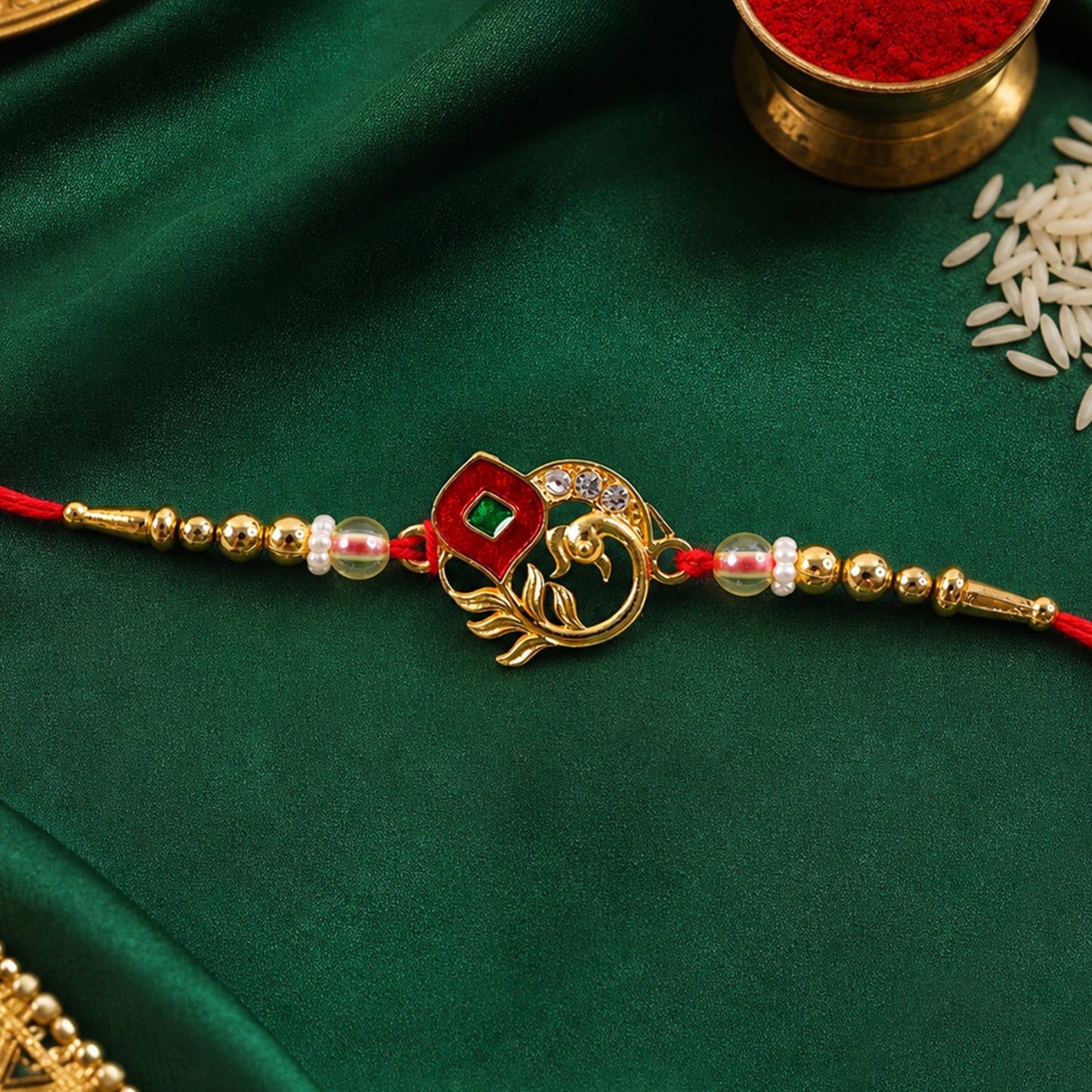 Peacock Pearl Beaded Sacred Kundan Pattern Traditional Rakhi