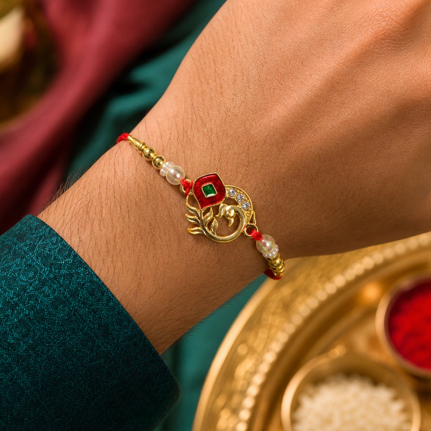 Peacock Pearl Beaded Sacred Kundan Pattern Traditional Rakhi