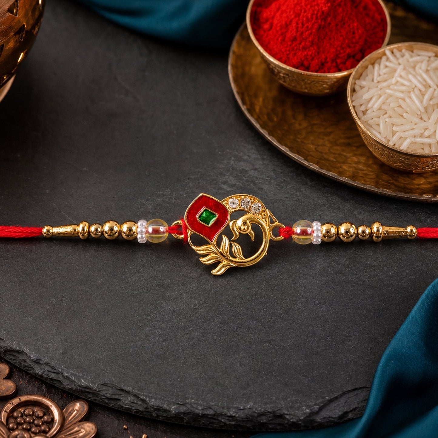 Peacock Pearl Beaded Sacred Kundan Pattern Traditional Rakhi
