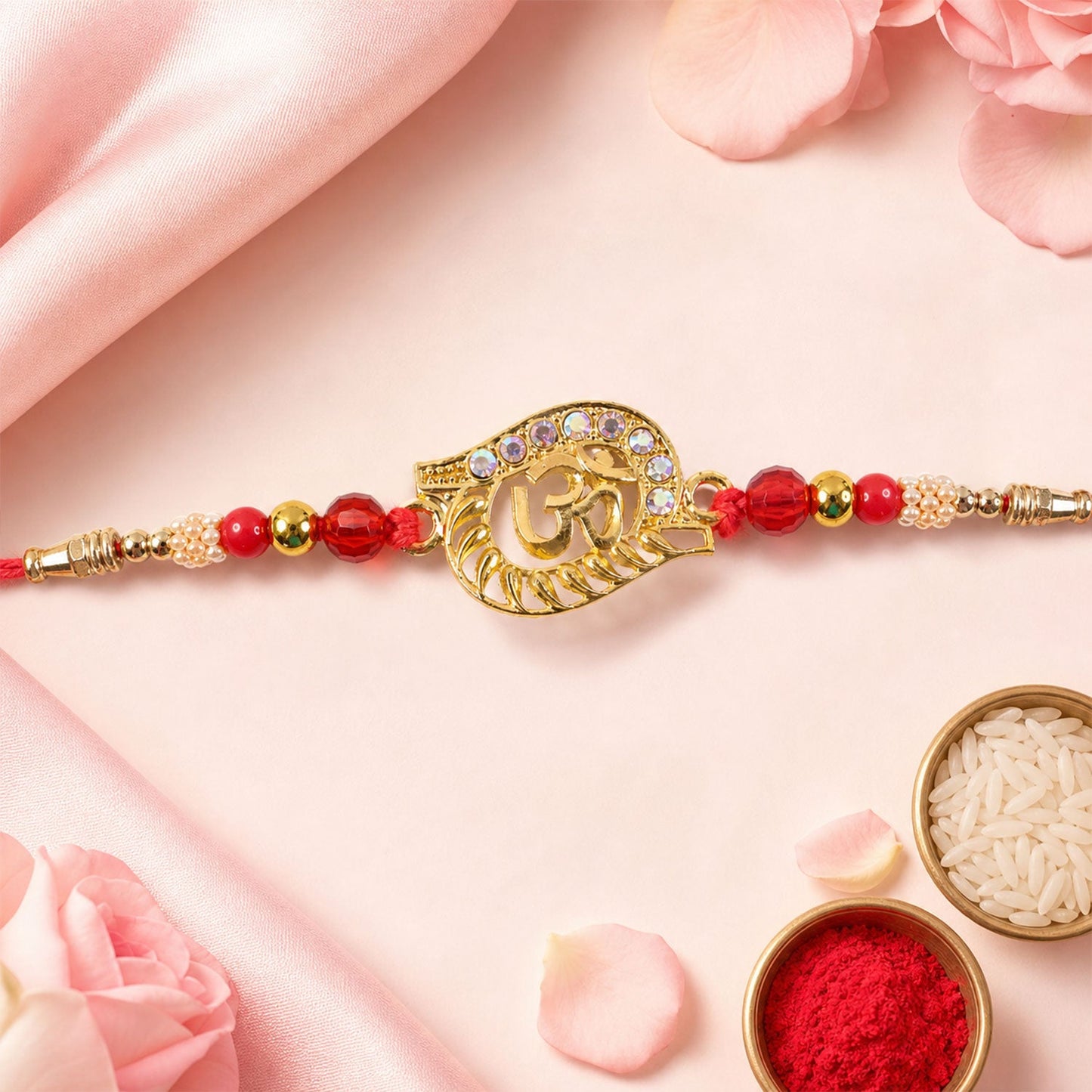 Round Om Pearl Beaded Sacred Rakhi Pattern for Raksha Bandhan