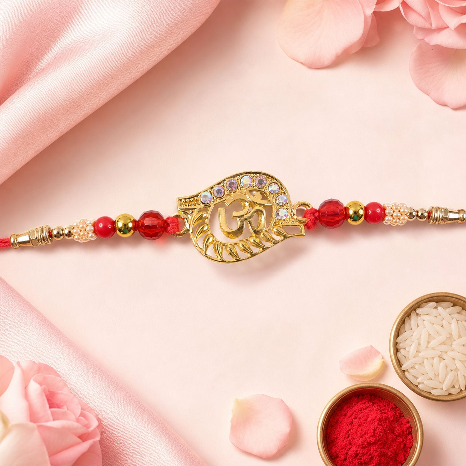Round Om Pearl Beaded Sacred Rakhi Pattern for Raksha Bandhan