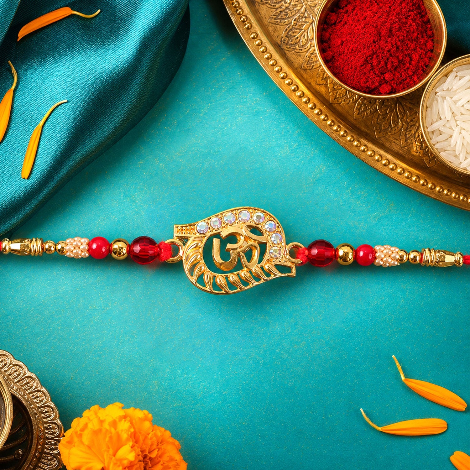 Round Om Pearl Beaded Sacred Rakhi Pattern for Raksha Bandhan