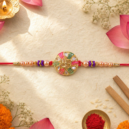 Swastik Stone Kundan Beaded Auspicious Pattern Traditional Rakhi