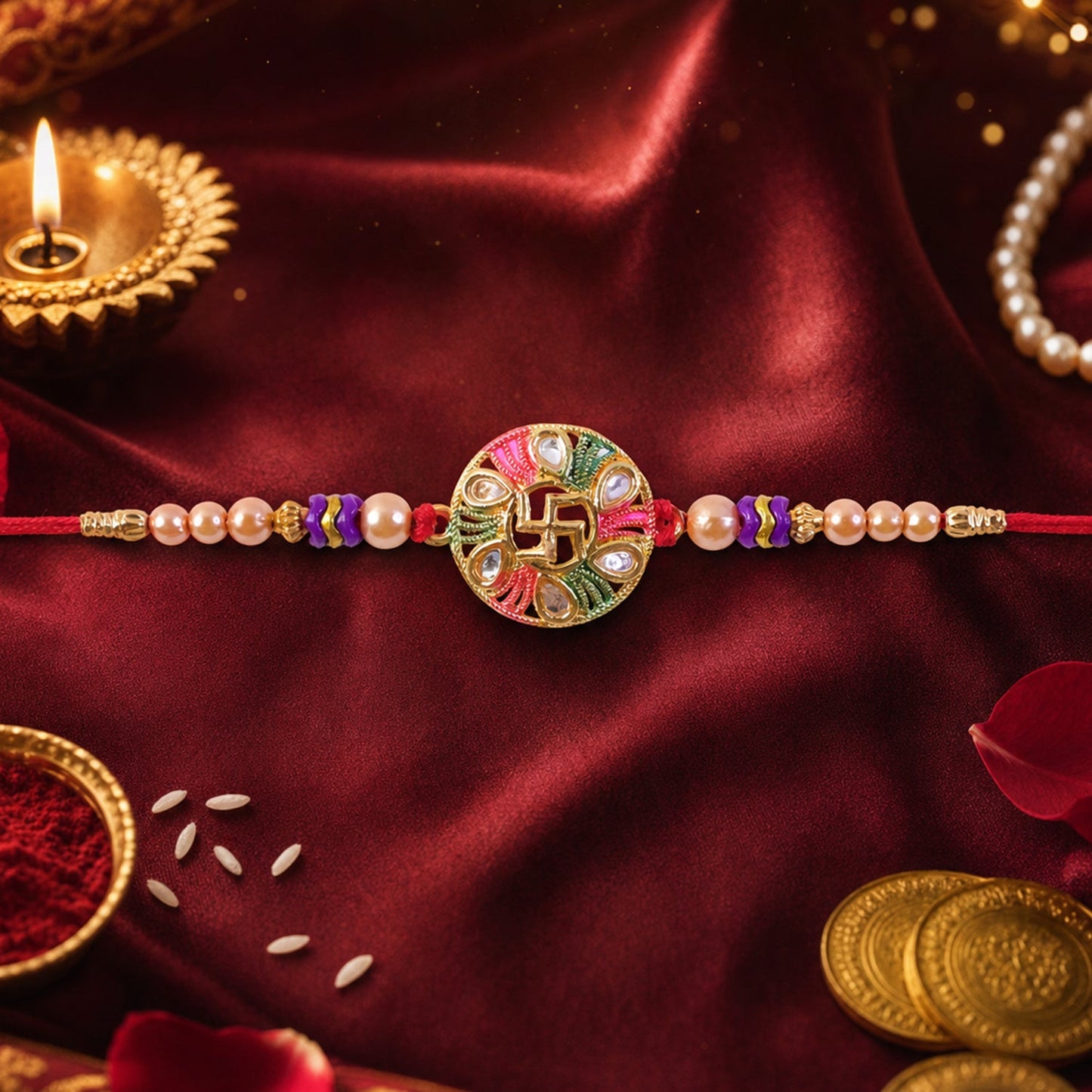 Swastik Stone Kundan Beaded Auspicious Pattern Traditional Rakhi