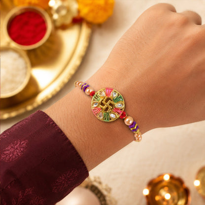 Swastik Stone Kundan Beaded Auspicious Pattern Traditional Rakhi