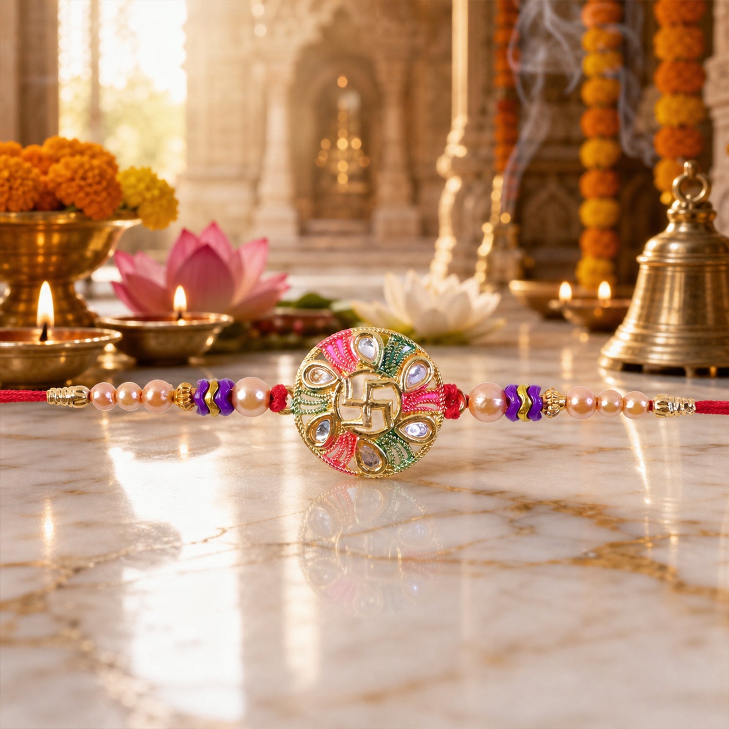 Swastik Stone Kundan Beaded Auspicious Pattern Traditional Rakhi