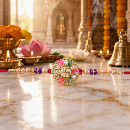 Swastik Stone Kundan Beaded Auspicious Pattern Traditional Rakhi