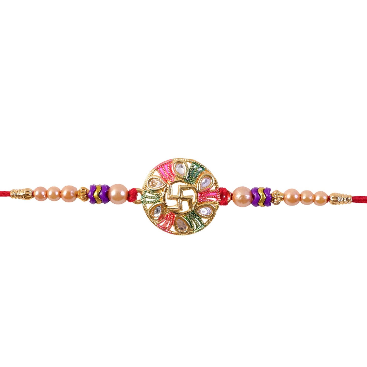 Swastik Stone Kundan Beaded Auspicious Pattern Traditional Rakhi