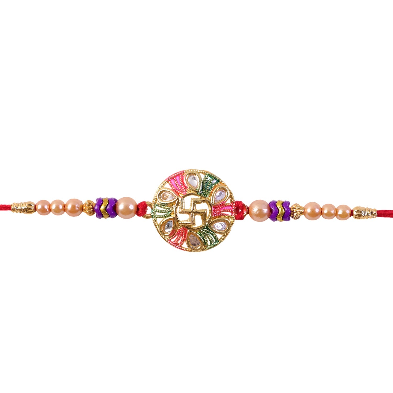 Swastik Stone Kundan Beaded Auspicious Pattern Traditional Rakhi