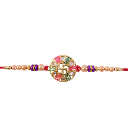 Swastik Stone Kundan Beaded Auspicious Pattern Traditional Rakhi