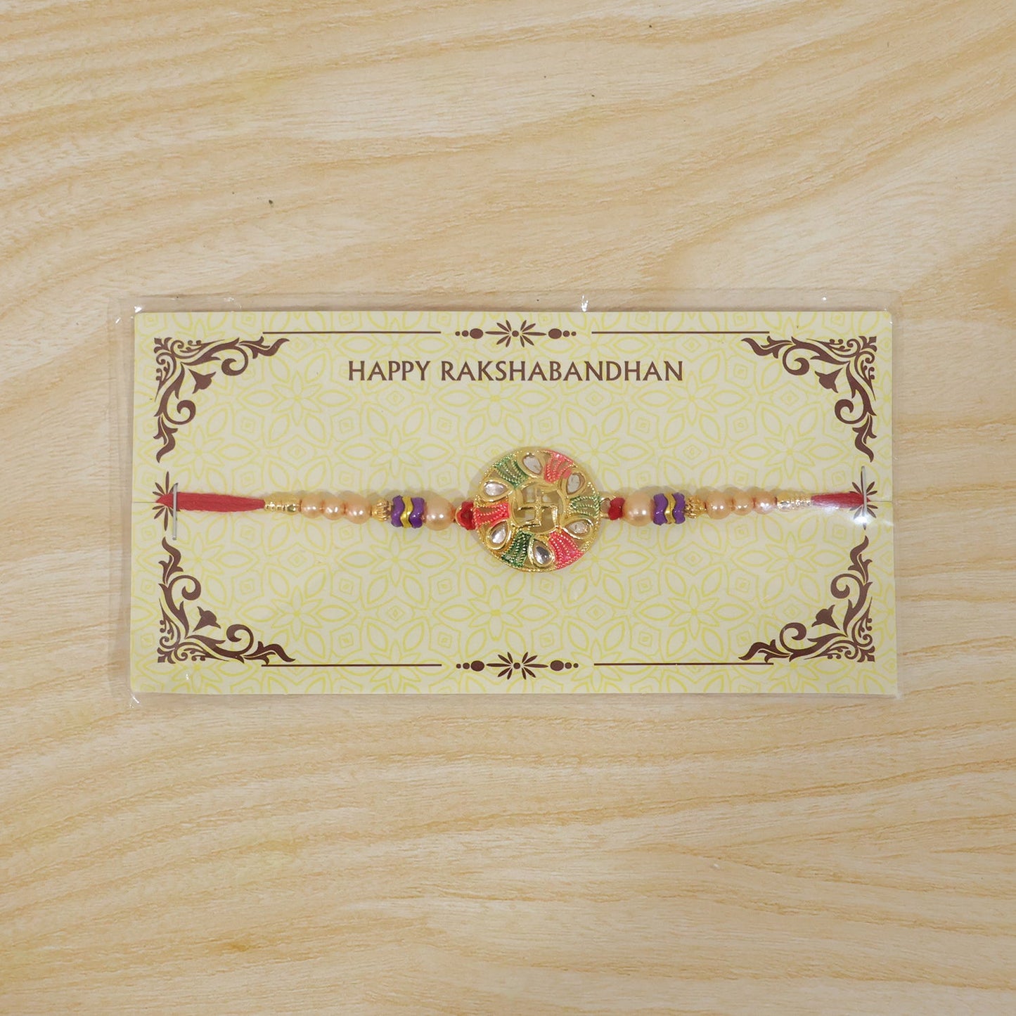 Swastik Stone Kundan Beaded Auspicious Pattern Traditional Rakhi