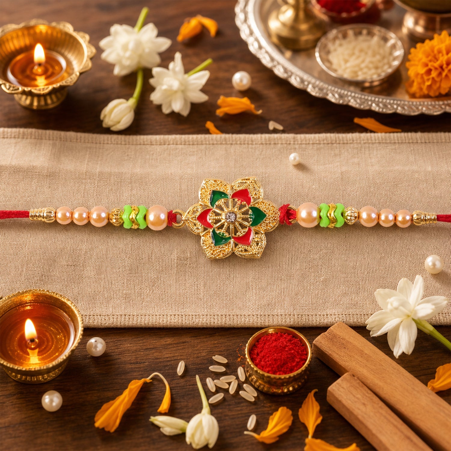 Floral Stone Kundan Beaded Elegant Pattern Work Designer Rakhi