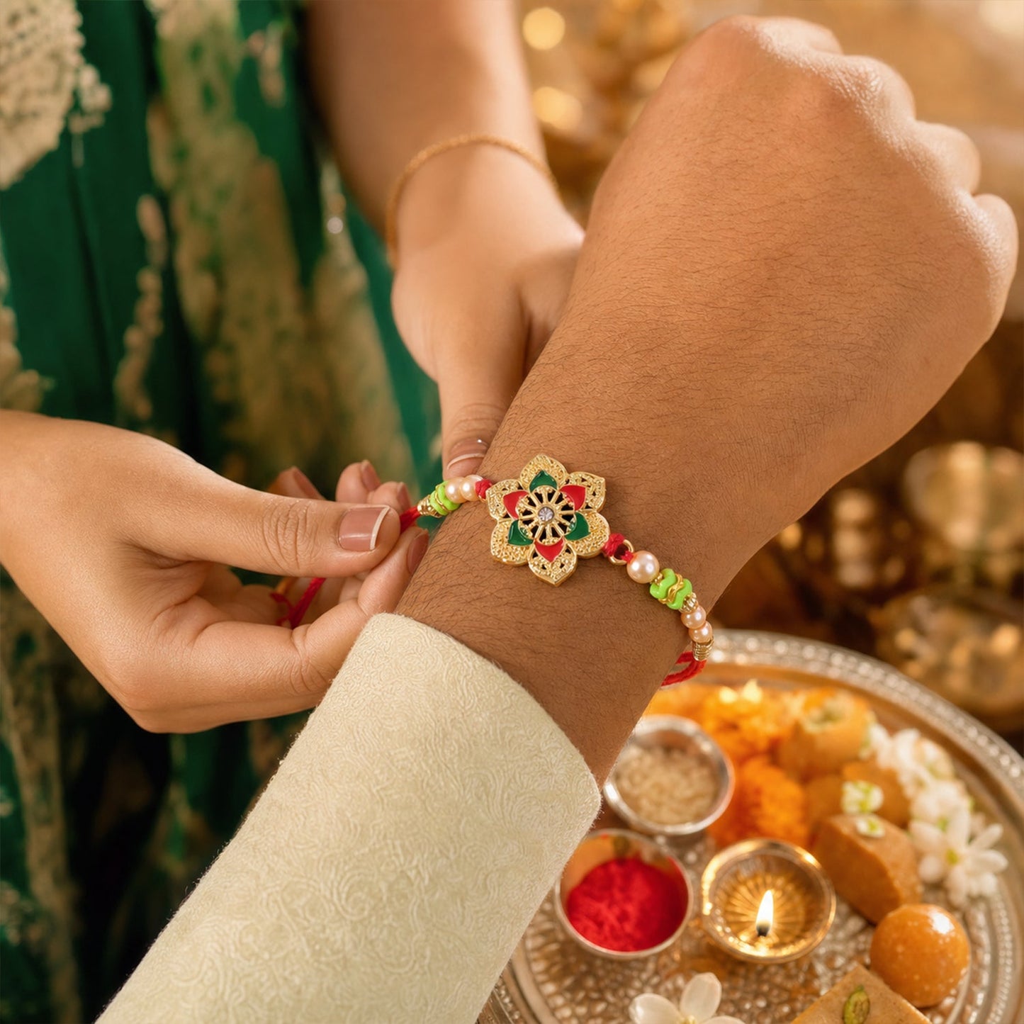 Floral Stone Kundan Beaded Elegant Pattern Work Designer Rakhi