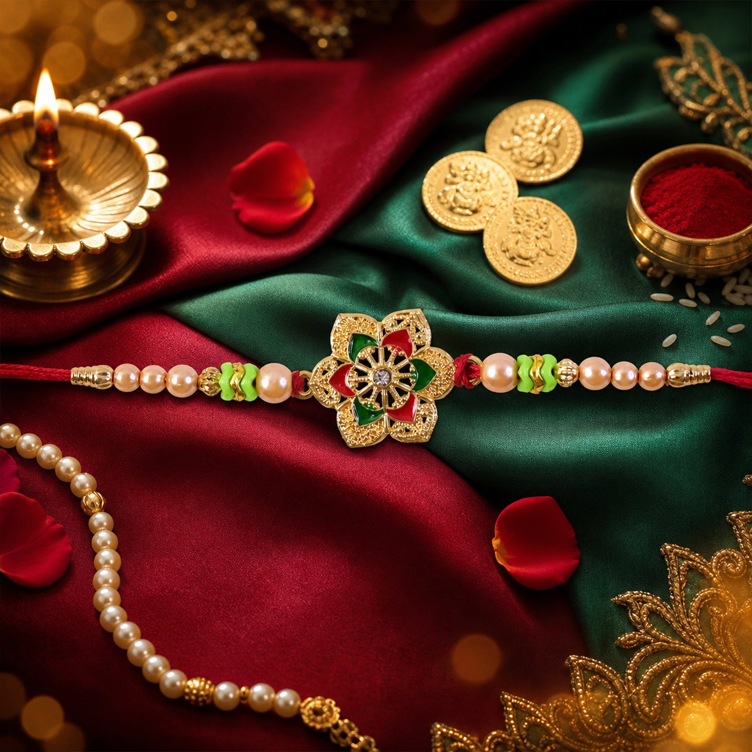 Floral Stone Kundan Beaded Elegant Pattern Work Designer Rakhi