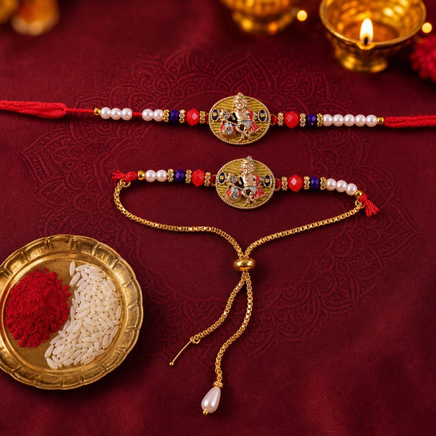 Premium Bhaiya Bhabhi Lumba Rakhi Set with Decorative Pearl Beads