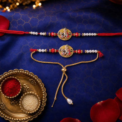 Premium Bhaiya Bhabhi Lumba Rakhi Set with Decorative Pearl Beads