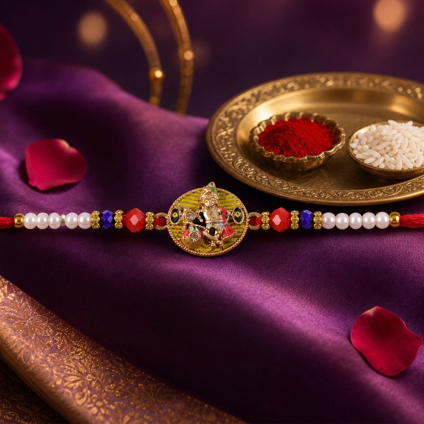 Premium Bhaiya Bhabhi Lumba Rakhi Set with Decorative Pearl Beads