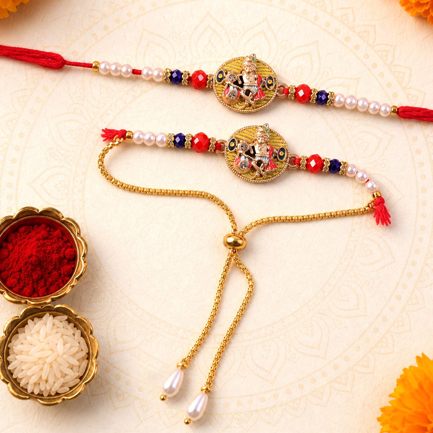 Premium Bhaiya Bhabhi Lumba Rakhi Set with Decorative Pearl Beads