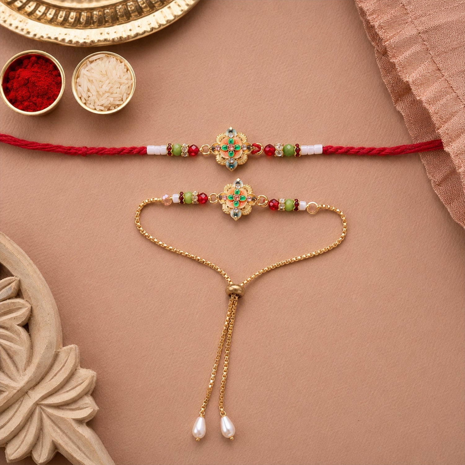 Premium Lumba Floral Stone Beaded Pair Rakhi Raksha Bandhan Gift