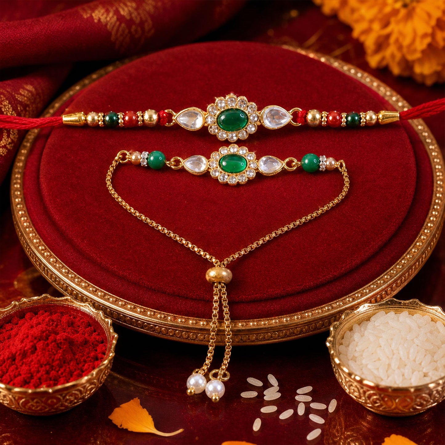Premium Lumba Oval Stone Beaded Pair Pattern Traditional Rakhi