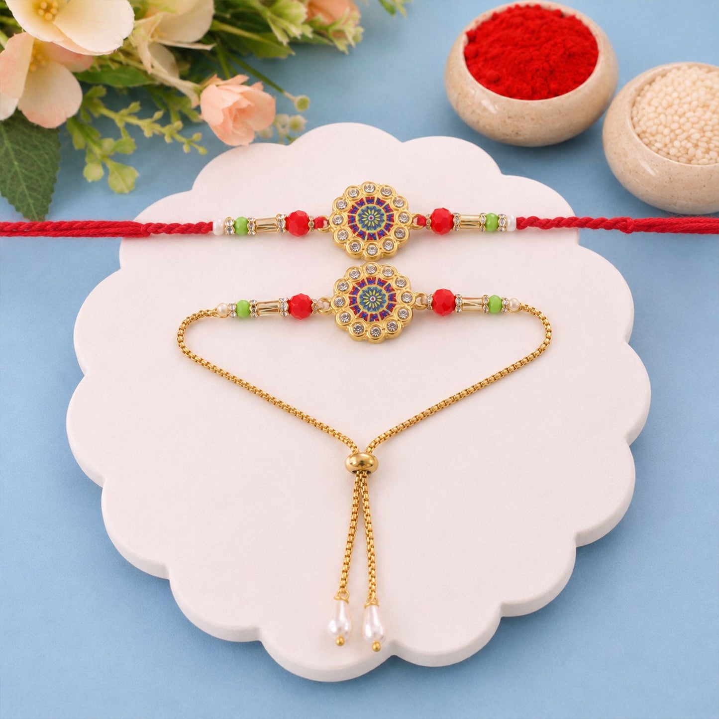 Premium Lumba Round Floral Beaded Pair Design Work Brother Rakhi