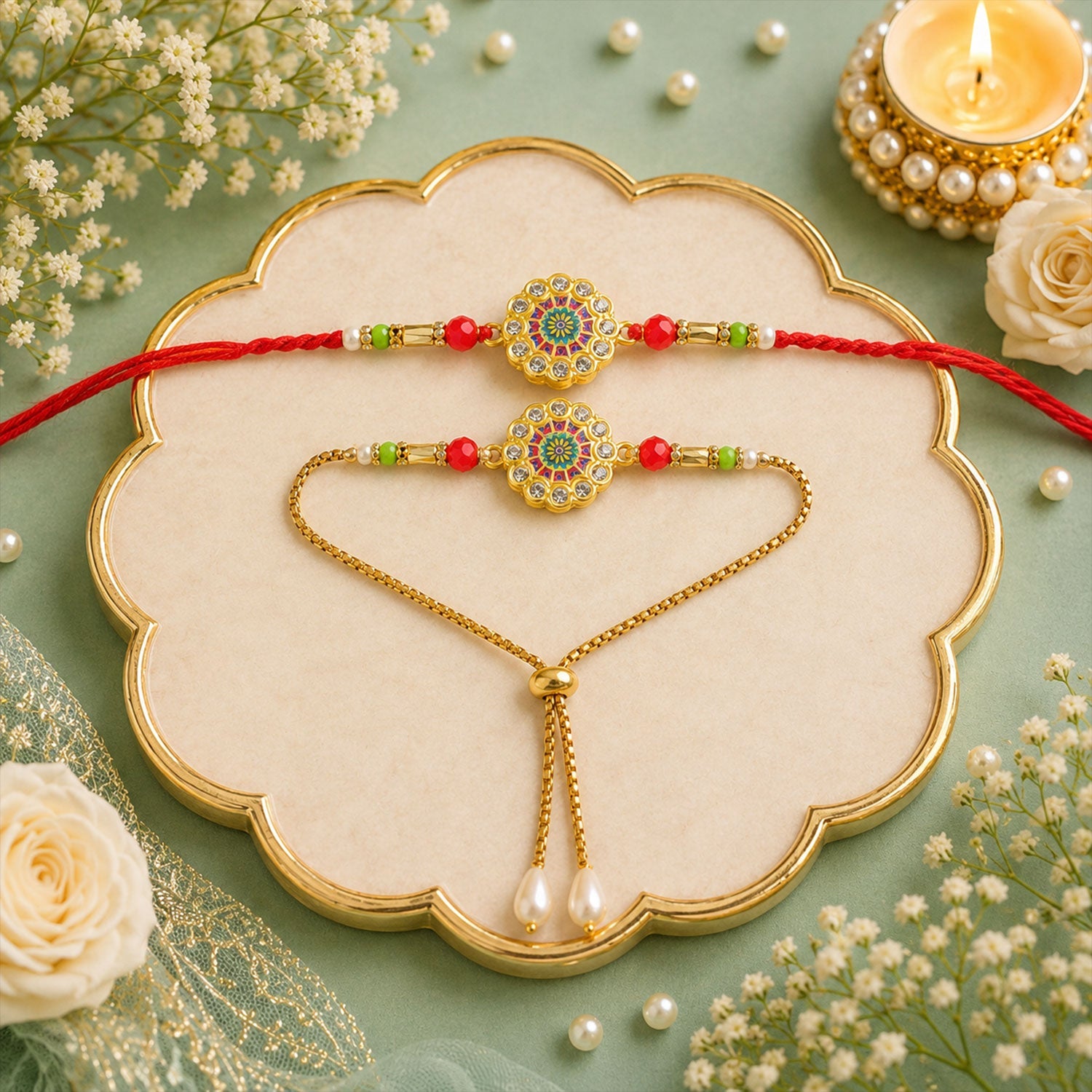 Premium Lumba Round Floral Beaded Pair Design Work Brother Rakhi