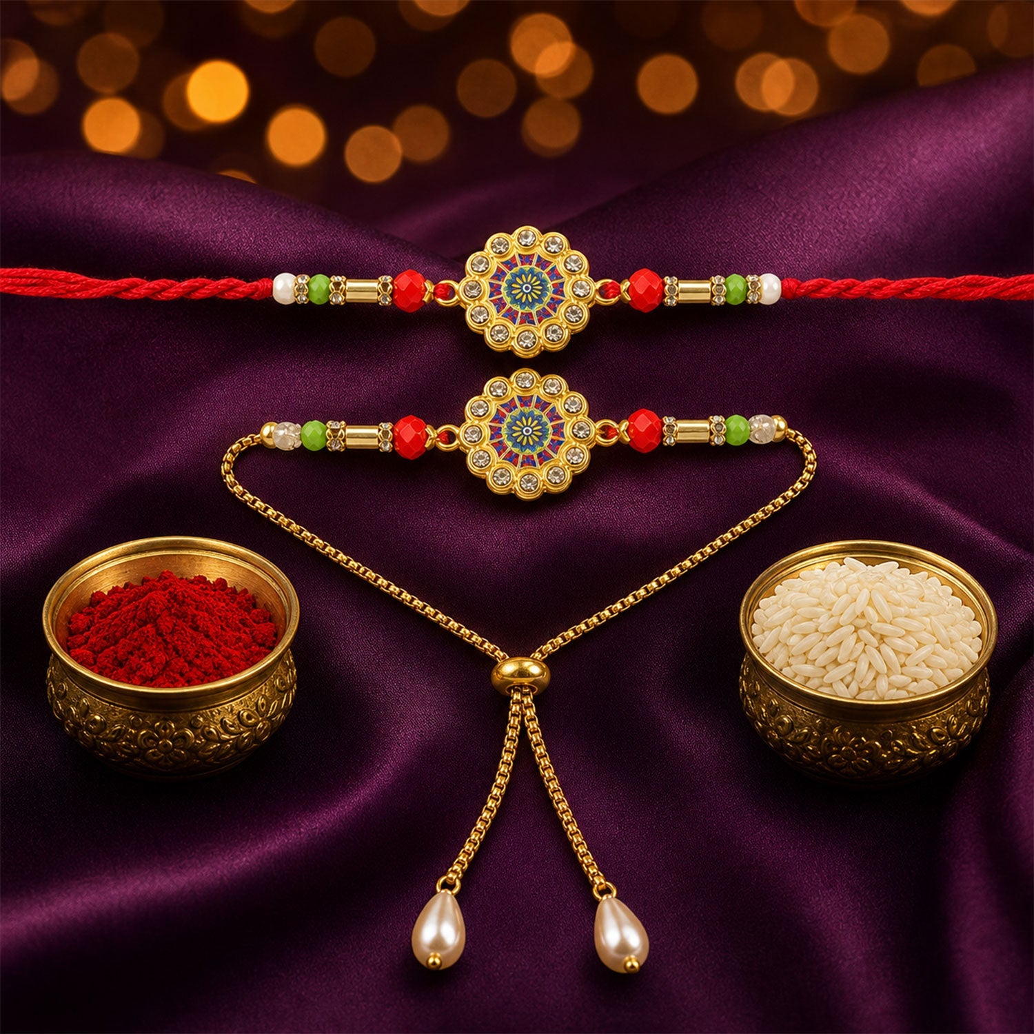 Premium Lumba Round Floral Beaded Pair Design Work Brother Rakhi