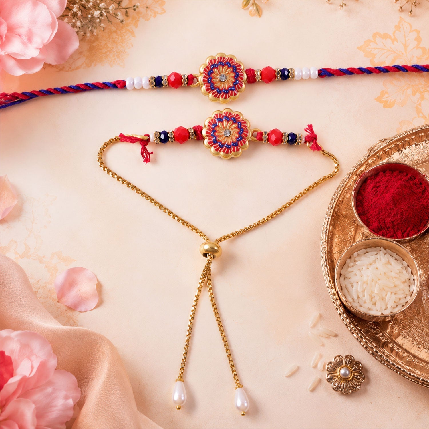 Premium Lumba Floral Stone Beaded Pair Design Rakhi for Brother