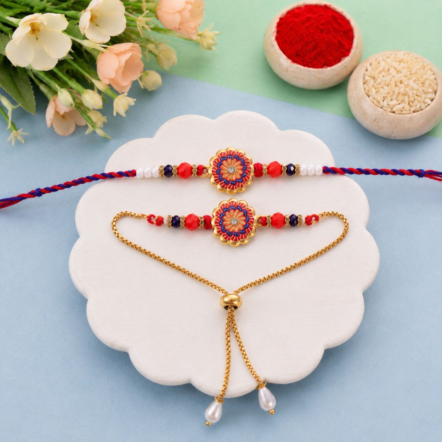 Premium Lumba Floral Stone Beaded Pair Design Rakhi for Brother