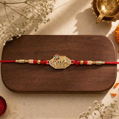 Premium Veera Text Stone Kundan Beaded Traditional Pattern Designer Rakhi